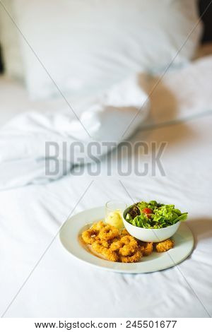 Breakfast In Bed On Luxury Hotel. Hotel Room Service. Cheat Meal Concept.
