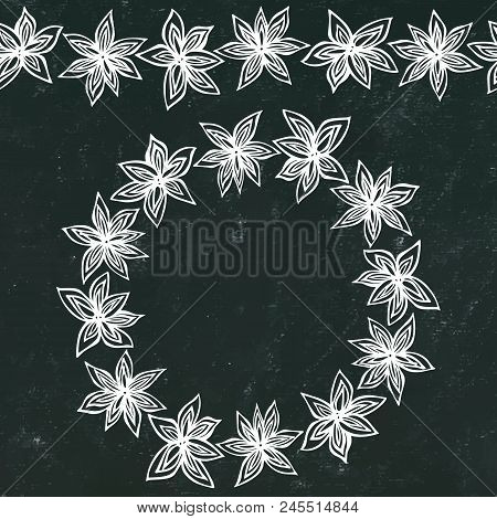Black Board Background And Chalk. Endless Pattern Brush, Round Garland With With Anise Star Seeds. M
