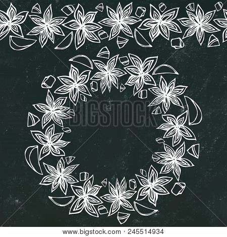 Black Board Background And Chalk. Endless Pattern Brush, Round Garland With With Anise Star Seeds. M