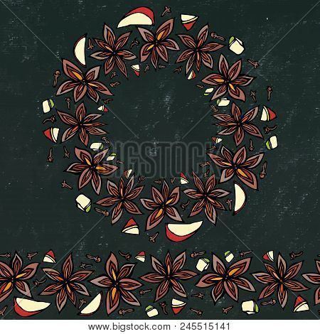 Black Board Background And Chalk. Endless Pattern Brush, Round Garland With With Anise Star Seeds. M