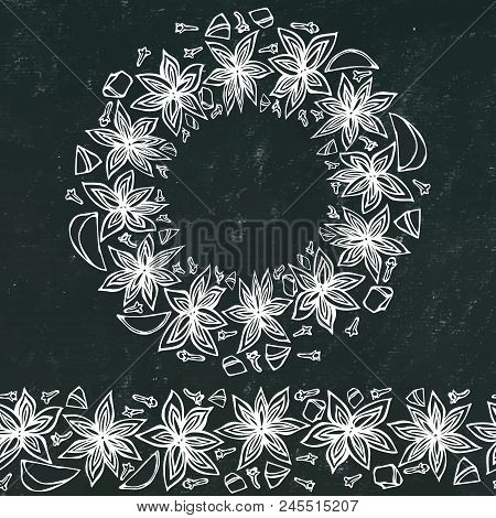 Black Board Background And Chalk. Endless Pattern Brush, Round Garland With With Anise Star Seeds. M