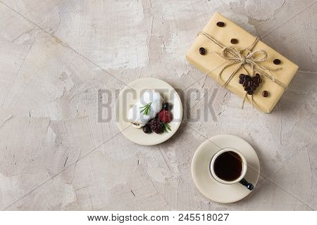 Blue Coffee Cup, Roll With Cream, Blackberry Raspberries Black Currant Rosemary And Powdered Sugar C