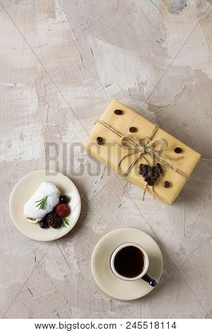 Blue Coffee Cup, Roll With Cream, Blackberry Raspberries Black Currant Rosemary And Powdered Sugar C