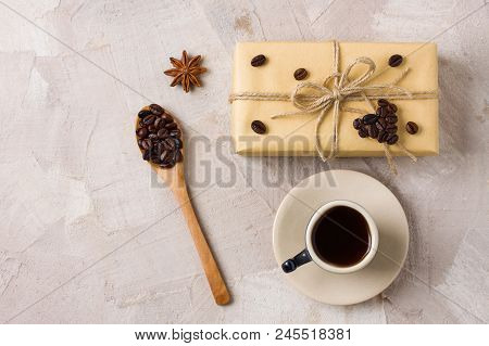 Blue Coffee Cup, Craft Gift Box Twine Coffee Heart Shape Decoration, Wooden Spoon With Coffee Beans,