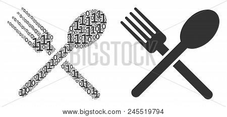 Fork And Spoon Collage Icon Of One And Zero Digits In Various Sizes. Vector Digital Symbols Are Unit
