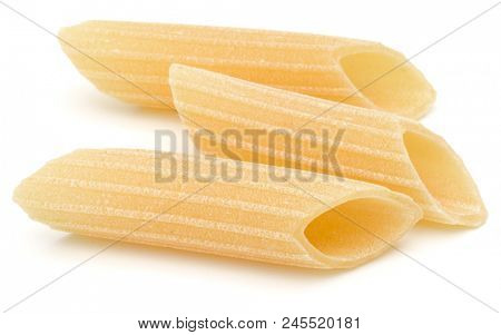 Italian pasta isolated on white background. Pennoni. Penne rigate.
