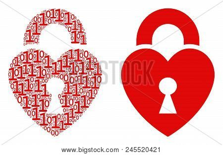 Heart Lock Composition Icon Of One And Zero Digits In Random Sizes. Vector Digits Are Formed Into He