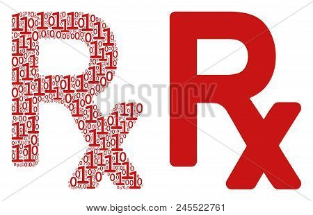 Rx Symbol Mosaic Icon Of Zero And Null Digits In Randomized Sizes. Vector Digits Are United Into Rx 