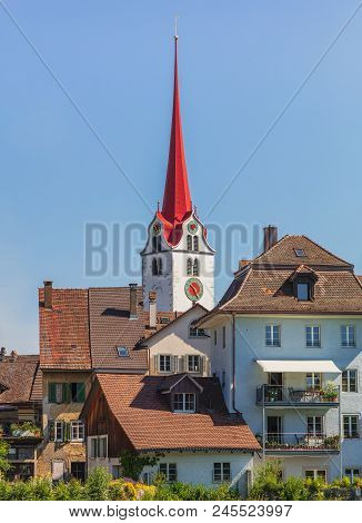 Bremgarten, Switzerland - June 16, 2018: buildings of the historic part of the town. Bremgarten is a municipality in the Swiss canton of Aargau, its medieval old town is listed as a heritage site of national significance.