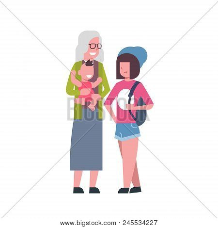 Grandmother With Grandchildren, Multi Generation Family, Full Length Avatar On White Background, Suc