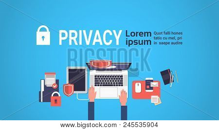 Hand Laptor Gdpr Isometric Data Privacy On Blue Background Network Protection Of Personal Storage Ge