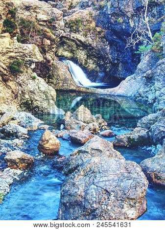 The Fairy Pools With Waterfall. The River Bellow  Majestatic Glen Brittle Mountain, Popular Hikers T