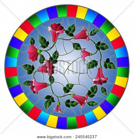 Illustration In Stained Glass Style Flowers Loach, Pink Flowers And Leaves On Blue Background,round 