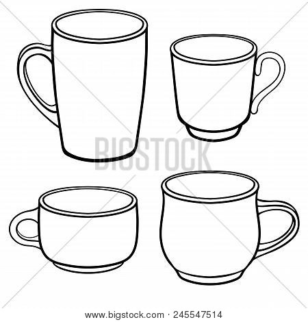 Cups And Mugs For Coffee Of Different Shapes. A Set Of Templates. Line Drawing. For Coloring