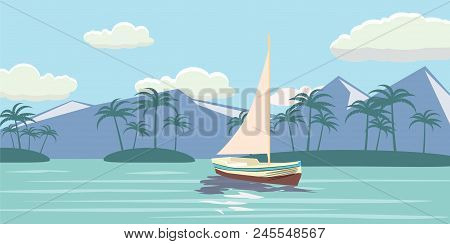 Tropical Paradise. Turquoise Ocean, Tropical Island, Palm Trees, Yacht Vector Illustration