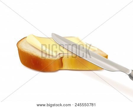 Butter On Bread And Knife Realistic Isolated Illustration.