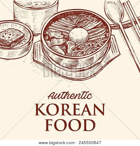 Hand Drawn Of Bibimbap - Korean Mixed Rice With Meat And Assorted Vegetables