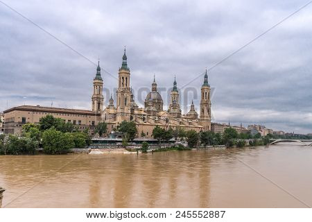 Basilica Cathedral Pilar Zaragoza Aragon Spain, Water Reflection Ebro River