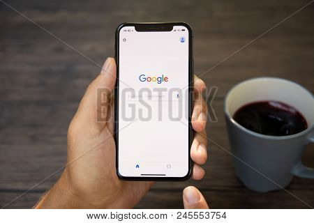 Koh Samui, Thailand - March 22, 2018: Man Holding Iphone X With Social Networking Service Google On 