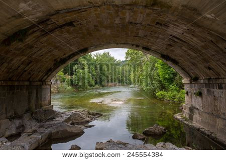 bridge over the Sella River in Cangas de Onis, Asturias, Spain.