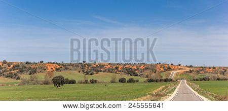 Panorama Of A Narrow Road In Castilla Y Leon Near Ayllon, Spain