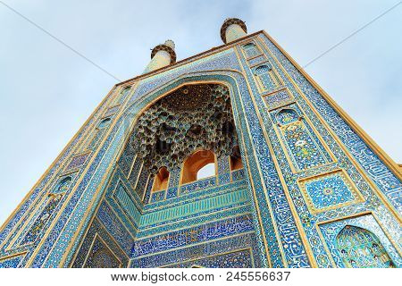 Jameh Mosque Of Yazd. Entrance Decorited Of Tile, Flanked By Two 48m-high Minarets And Adorned With 