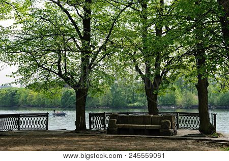 Stone Bench Dated 19th Century Is Located On A Pier Of Malaya Nevka River, Saint-petersburg, Russia