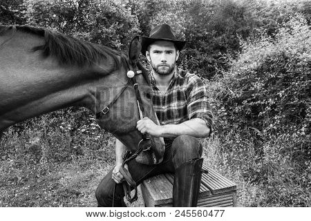 Good Looking, Hunky Stud Cowboy Sits Next To His His Stud, Stallion Horse With Boots, Chequered Shir