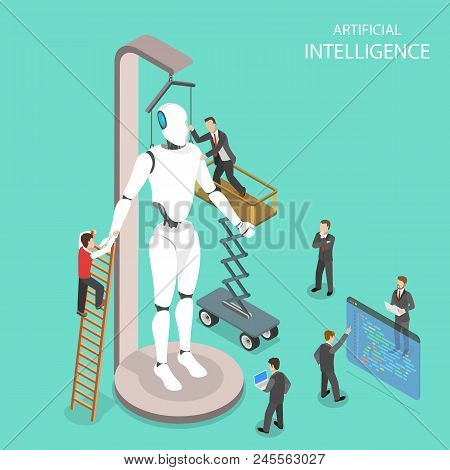 Flat Isometric Vector Concept Of Artificial Intelligence, Cyber Mind, Machine Learning, Digital Brai