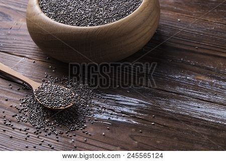 Minimalistic Composition With Chia Seeds On Table. Healthy Nutritious Food.