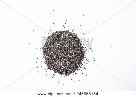 Minimalistic Composition With Chia Seeds On Table. Healthy Nutritious Food.