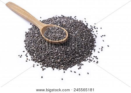 Minimalistic Composition With Chia Seeds On Table. Healthy Nutritious Food.