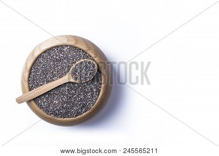 Minimalistic Composition With Chia Seeds On Table. Healthy Nutritious Food.