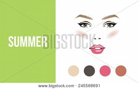 Face Makeup Summer Type Of Female Appearance. Face Of Young Woman. Seasonal Color Analysis Palette. 