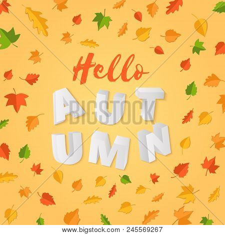 Word Autumn Composition With Green Yellow Red Leaves On Yellow Background In Paper Cut Style. Fall L
