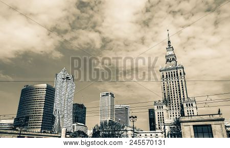 Panorama Of Warsaw With Modern Skyscrapers On A Sunny Day Overlooking The Palace Of Culture. Old Ret