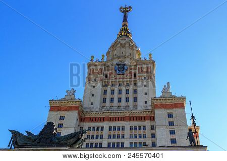 Moscow, Russia - June 02, 2018: Tower Above Entrance To Main Building Of Lomonosov Moscow State Univ