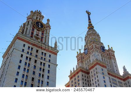 Moscow, Russia - June 02, 2018: Lomonosov Moscow State University (msu) In Sunny Summer Evening Agai