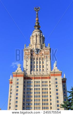 Moscow, Russia - June 02, 2018: Tower Of Lomonosov Moscow State University (msu) In Sunny Summer Eve