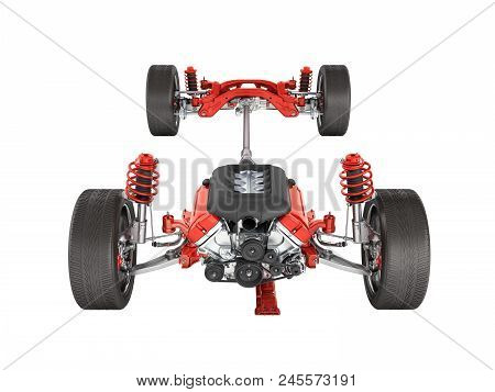 Suspension Of The Car With Wheel And Engine Undercarriage In Detail Isolated On White Background 3d 