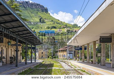 Enna, Italy - May 9, 2018: Enna Railway Station (stazione Di Enna), Small Railway Station Situated I