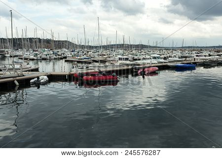 Morgat, France 29 May 2018 Panoramic Outdoor View Of Sete Marina Many Small Boats And Yachts Aligned