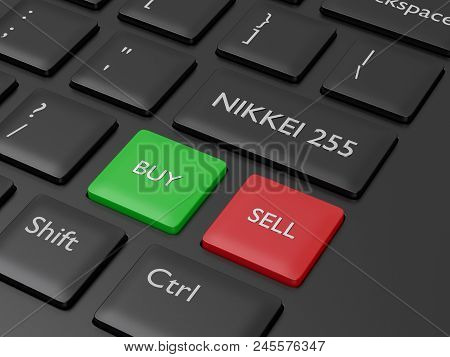 3d Render Closeup Of Computer Keyboard With Nikkei 225  Index Button. Stock Market Indexes Concept.