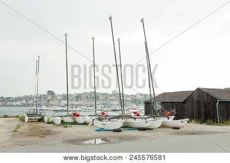 Morgat, France 29 May 2018 Catamarans Storage Without Sails Parked On The Beach.
