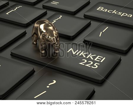 3d Render Closeup Of Computer Keyboard With Bear And Nikkei 225  Index Button. Stock Market Indexes 