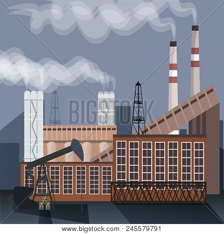 Factory Building Nature Pollution Plant Pipe Waste. Silhouette Of An Oil Drilling Rig. Flat Vector I