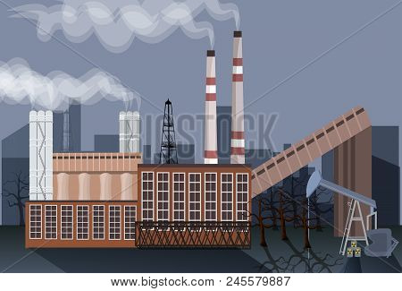 Factory Building Nature Pollution Plant Pipe Waste. Silhouette Of An Oil Drilling Rig. Flat Vector I