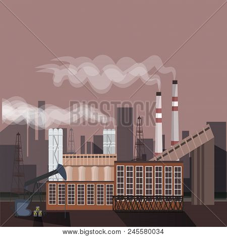 Factory Building Nature Pollution Plant Pipe Waste. Silhouette Of An Oil Drilling Rig. Flat Vector I