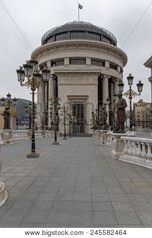 Skopje, Republic Of Macedonia - February 24, 2018:  Art Bridge And Vardar River  In City Of  Skopje,
