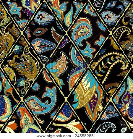 Seamless Background Pattern. Patchwork Pattern With Paisley Ornament Patterns. Ethnic Indian Style.